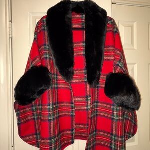 Red Plaid Cape with Black Fur Trim